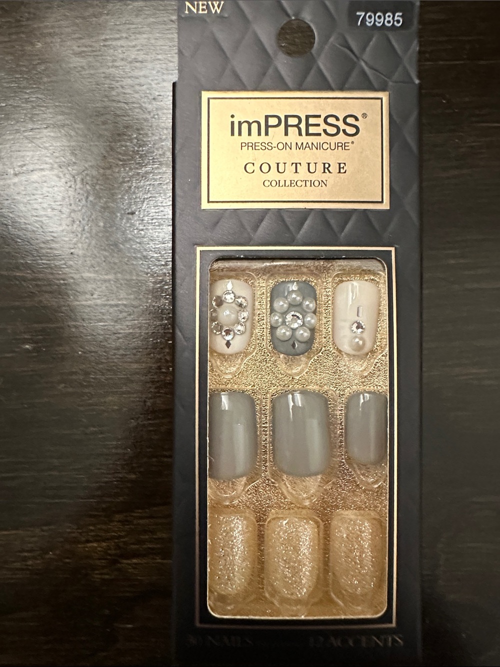 imPRESS Couture Press-On Manicure - Gray & Champagne Jewel Accents - Picture 1 of 2